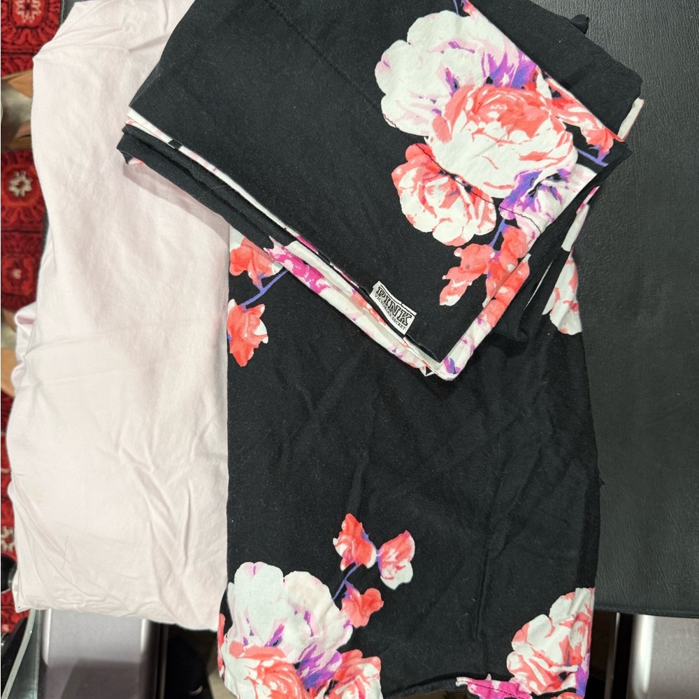 PINK Victoria's Secret Light Pink/black floral sheet set with pillowcase RARE